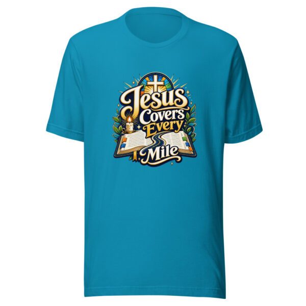 Jesus Covers Every Mile Graphic Tee mockup 2