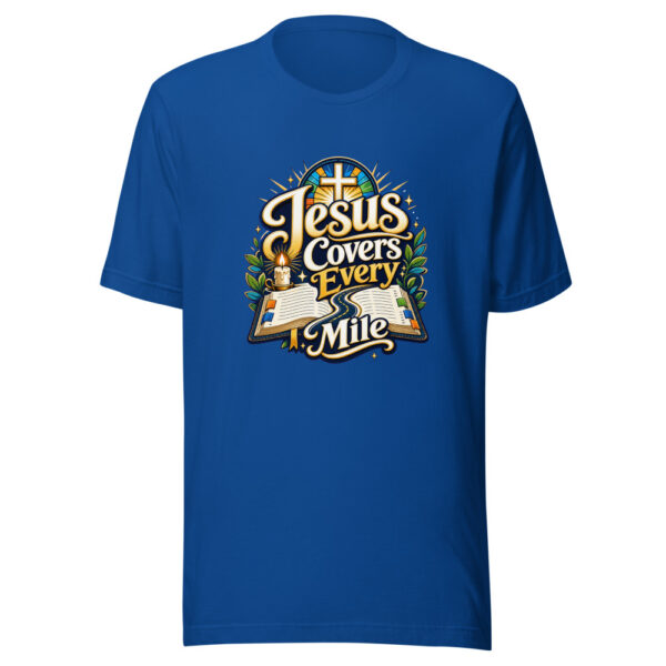 Jesus Covers Every Mile Graphic Tee mockup 3