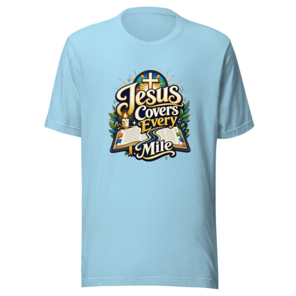 Jesus Covers Every Mile Graphic Tee mockup 5