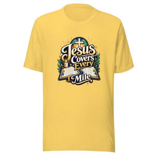 Jesus Covers Every Mile Graphic Tee mockup 6