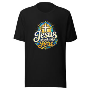 Jesus Meets Me Here Graphic Tee mockup 1 Jesus Meets Me Here Graphic Tee front view