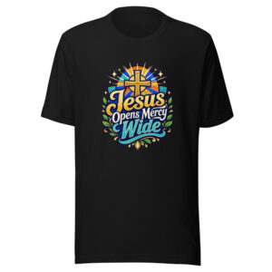 jesus-opens-mercy-wide-evergreen-shirt-design-manual-jesus-opens-mercy-w-mockup-1 Jesus Opens Mercy Wide Graphic Tee