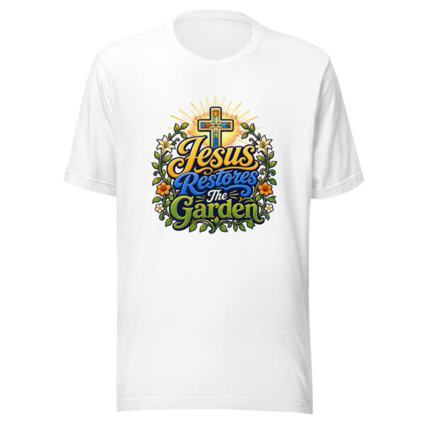 Jesus Restores The Garden Graphic Tee mockup 3 Jesus Restores The Garden Graphic Tee mockup 3