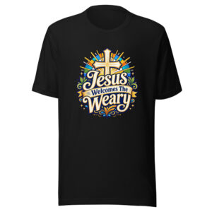 jesus-welcomes-the-weary-evergreen-shirt-design-manual-jesus-welcomes-th-mockup-1 Jesus Welcomes The Weary Graphic Tee