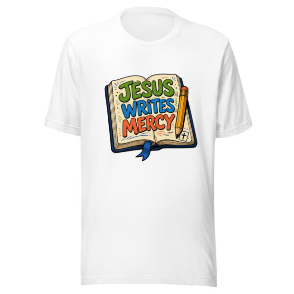 Jesus Writes Mercy Graphic Tee mockup 8