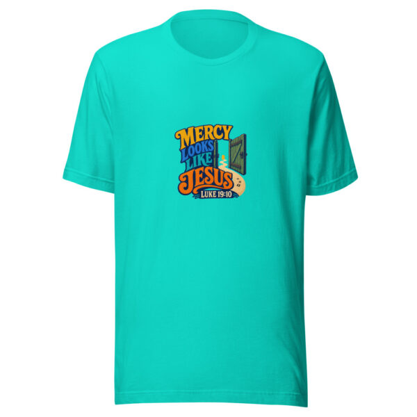 MERCY LOOKS LIKE JESUS — LUKE 19:10 Lost-and-found-gospel Graphic Tee mockup 3