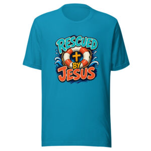 Rescued By Jesus Graphic Tee mockup 1 Rescued By Jesus Graphic Tee front view