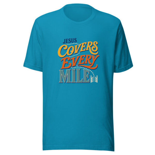 Jesus Covers Every Mile Graphic Tee mockup 2 Jesus Covers Every Mile Graphic Tee mockup 2