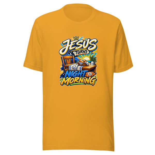 Jesus Turns Night To Morning Graphic Tee mockup 3 Jesus Turns Night To Morning Graphic Tee mockup 3
