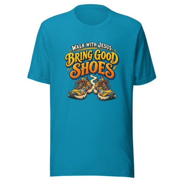 Walk With Jesus, Bring Good Shoes Youth-group-adventure Graphic Tee mockup 2 Walk With Jesus, Bring Good Shoes Youth-group-adventure Graphic Tee mockup 2