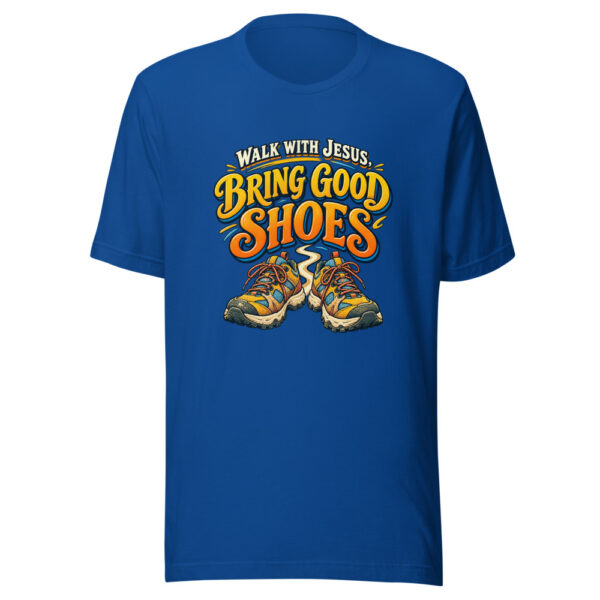 Walk With Jesus, Bring Good Shoes Youth-group-adventure Graphic Tee mockup 3 Walk With Jesus, Bring Good Shoes Youth-group-adventure Graphic Tee mockup 3